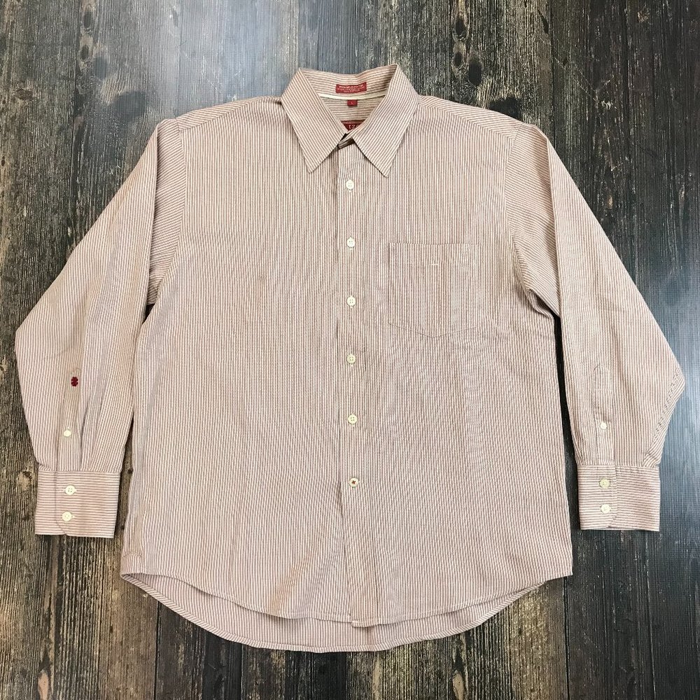 IZOD Luxury Sport Dress Shirt Large Banker Stripe Button Front Antique Americana